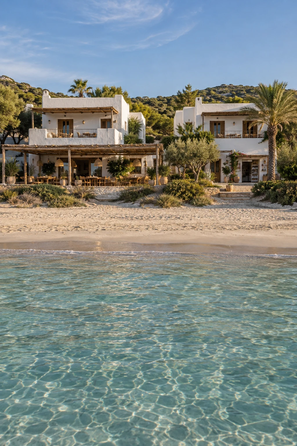 IBIZA SUNSET BAY RESIDENCES — Imagen ilustrativa generada con IA; no es una fotografía del activo.